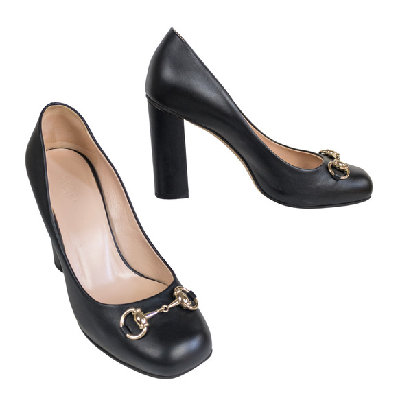GUCCI Black Miro Soft Horsebit Pumps Block Heel Square Toe Womens EU 38 US 8 - Picture 1 of 12